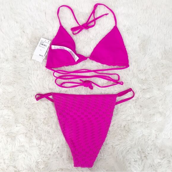 GOOD AMERICAN Hot Pink Triangle String Bikini Waist Tie Jacquard Large 3 New - Picture 6 of 10